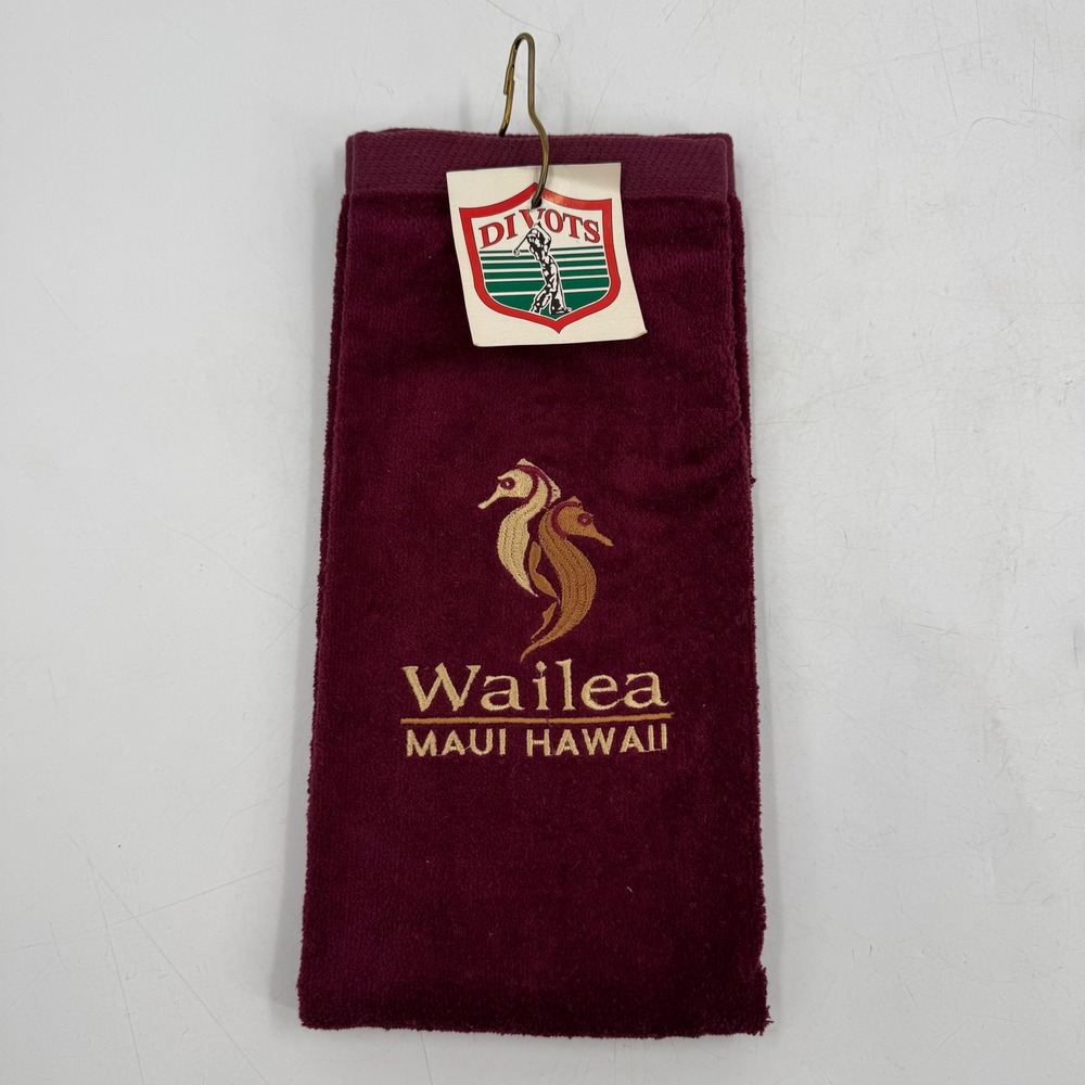 Wailea Maui Hawaii Golf Towel Burgundy Seahorse Embroidery‎ Divots Brand NWT